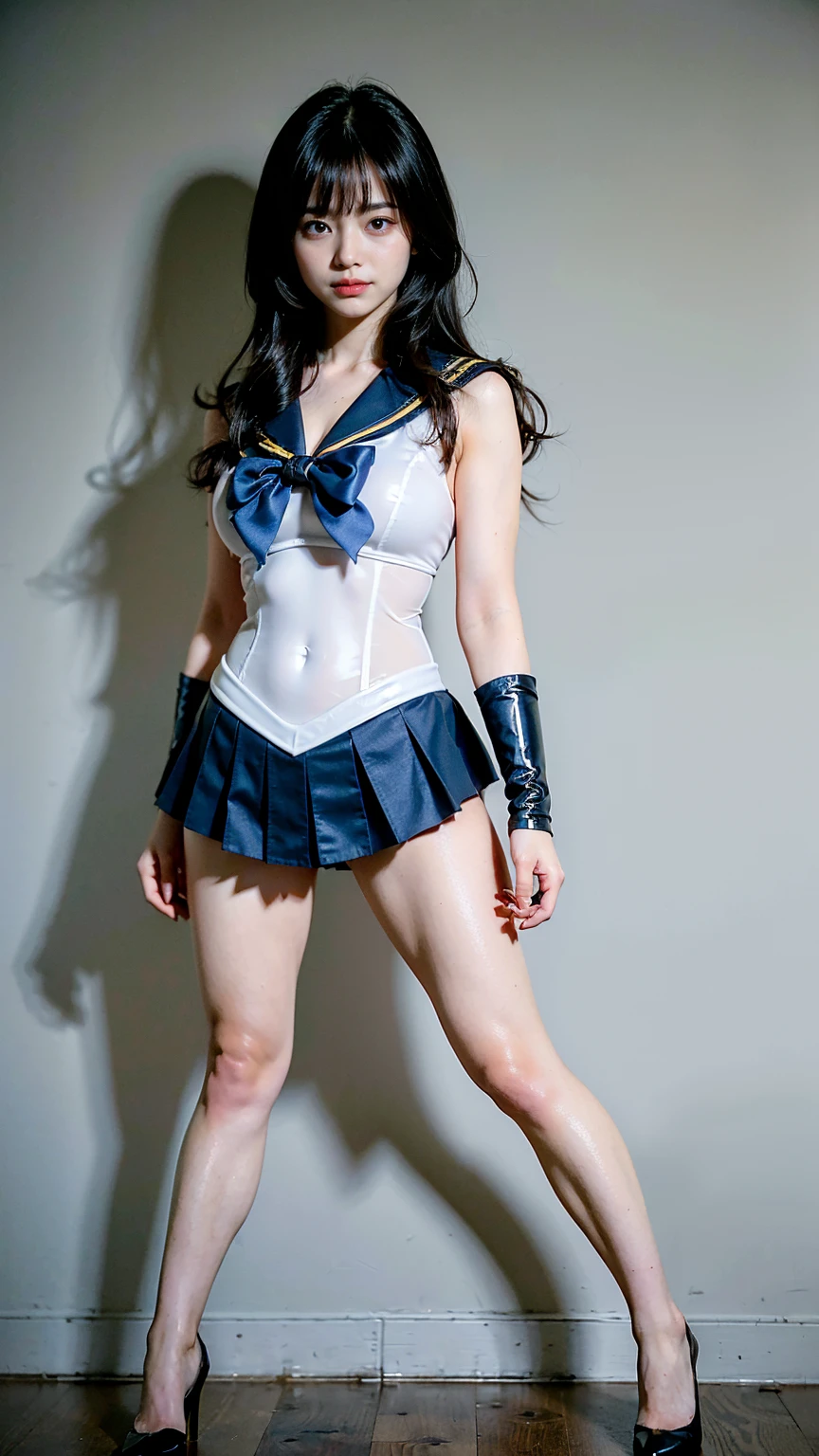 (8K、RAW Photos、Highest quality、masterpiece:1.2)、(Realistic、Realistic)、1 girl、((Sailor Warrior Outfits:1.5、With pubic hair、Large Breasts、Full body from the front、Standing with hands behind back、、Lots of eyelashes、Glowing eyelids、skeletally correct、smile、This photo will awaken boys to sex、Hotel Rooms
