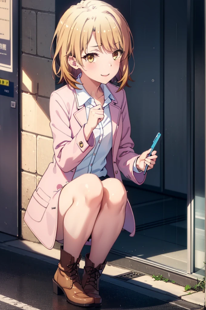 Irohaisshiki, isshiki iroha, short hair, Brown Hair, (Brown eyes:1.5), happy smile, smile, Close your mouth,blush,rain,Pink oversized coat,V-neck shirt,mini skirt,Black pantyhose,short boots,Leaning against the wall,Hiding in a roofed building,whole bodyがイラストに入るように,
break outdoors, Building district,
break looking at viewer,whole body,
break (masterpiece:1.2), Highest quality, High resolution, unity 8k wallpaper, (figure:0.8), (Beautiful attention to detail:1.6), Highly detailed face, Perfect lighting, Highly detailed CG, (Perfect hands, Perfect Anatomy),