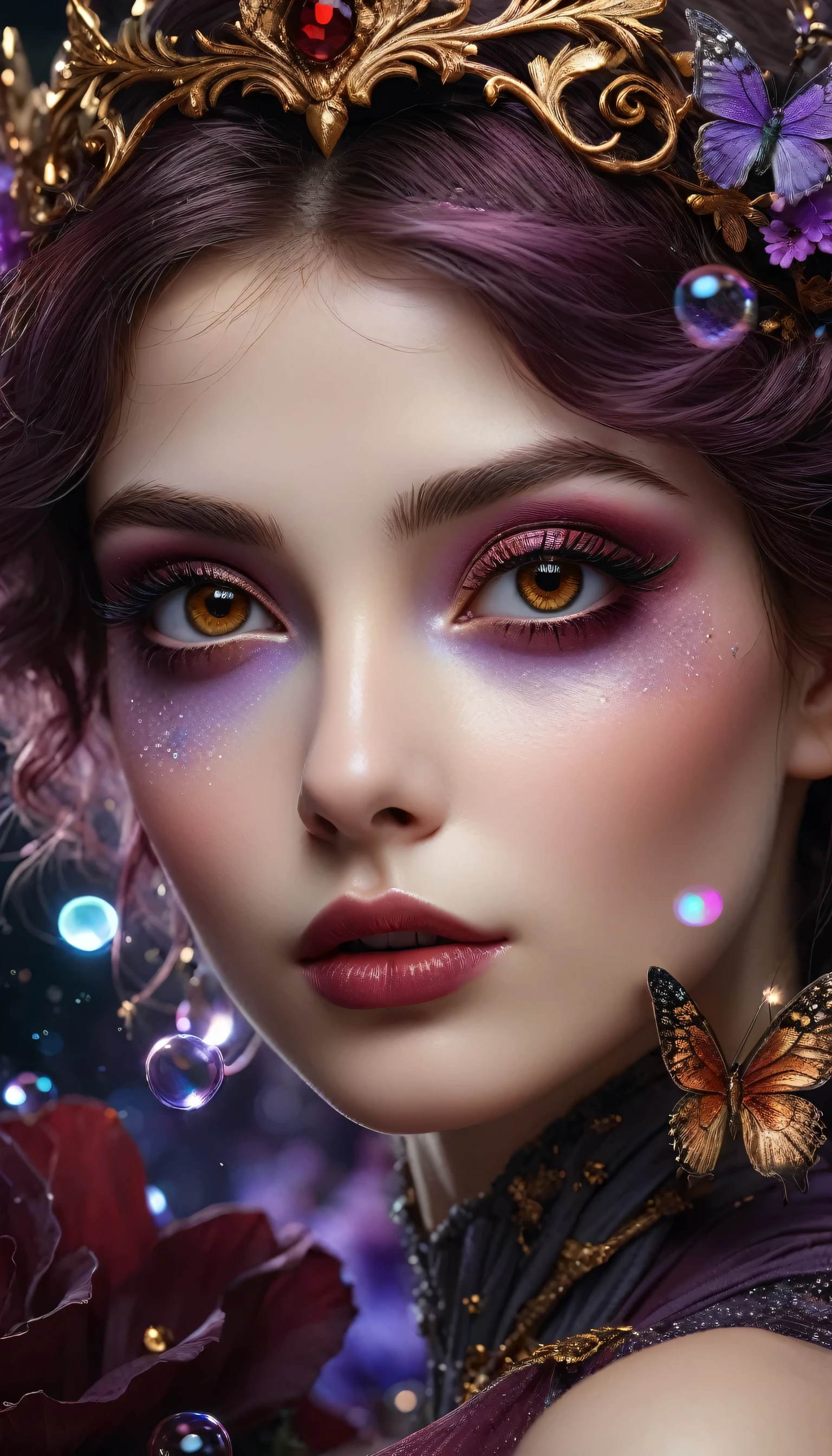 Fantasy, Artistic, A delicate fairy  with mature features, puffy lips, and stunning realistic eyes, (ultra absurd quality, extremely detailed detail, ultra resolution, clear sharp focus, not blurry, (Realistic brown_eyes:1.3))), perfect dark_eyeshadows:1.2, super Detailed, beautiful little nose, actively exploring a world filled with dark shades of black, grey, red, maroon, burgundy, and lavender, High-definition close-up portrait centered on her highly detailed and beautiful face, amidst a setting rich in details like stars, galaxies, colorful bubbles, and petals, all enhanced by iridescence and glittering wind carrying pollen, 8K resolution, intricate, elegant, highly detailed, majestic, digital photography
