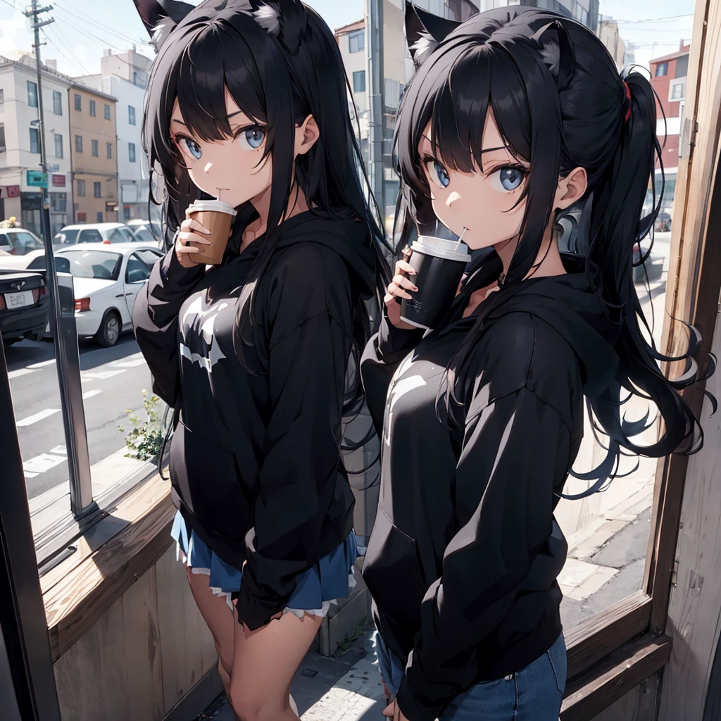 One girl, black hoodie, long hair, beautiful face, cool, intimidation, black hair, drinking coffee, window, cat ears, anime, heroine, evil
