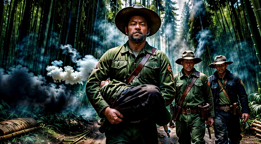 The Captain of the Forest -- closed hunter's jacket, long pants and hunter's boots, with a straw hat, he is wounded and is carried by the men who are his henchmen = one on the left side, the other on the right side - - a lot of smoke - he is carried by two henchmen - a lot of smoke - the captain of the forest carried by henchmen gets up from the ground - leaving the forest in the background a bamboo grove