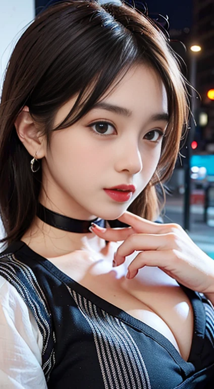 One girl, Heavy snowfall,Snow Scene, night, Rural landscape, City lights, close-up, 8K, RAW Photos, Highest quality, masterpiece, Realistically, Photo Real,Huge boobs,Puearrings,Wearing a choker,Short fine hair, clothes are tattered,smile,Obscene 、The viewer licks her clitoris、Nipped、Shockism、Super popular strippete Strip、Licking orgasm、