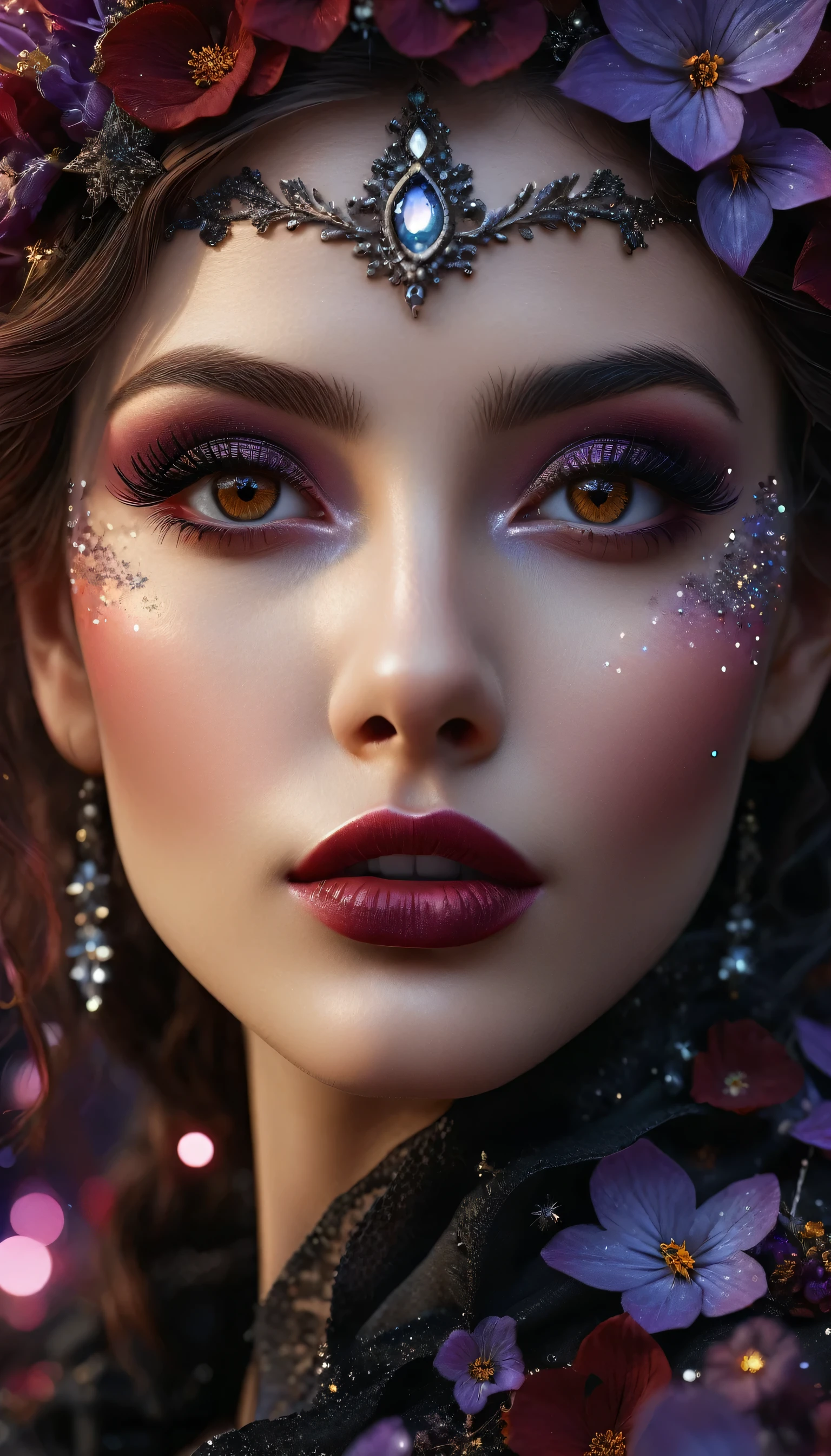 photorealistic in 32K quality, Fantasy, Artistic, A delicate fairy with mature features, puffy lips, and stunning realistic eyes, (ultra absurd quality, extremely detailed detail, ultra resolution, clear sharp focus, not blurry, (Realistic brown_eyes:1.3))), perfect dark_eyeshadows:1.2, super Detailed, beautiful little nose, actively exploring a world filled with dark shades of black, grey, red, maroon, burgundy, and lavender, High-definition close-up portrait centered on her highly detailed and beautiful face, amidst a setting rich in details like stars, galaxies, colorful bubbles, and petals, all enhanced by iridescence and glittering wind carrying pollen, 8K resolution, intricate, elegant, highly detailed, majestic, digital photography, ((wide shot)),