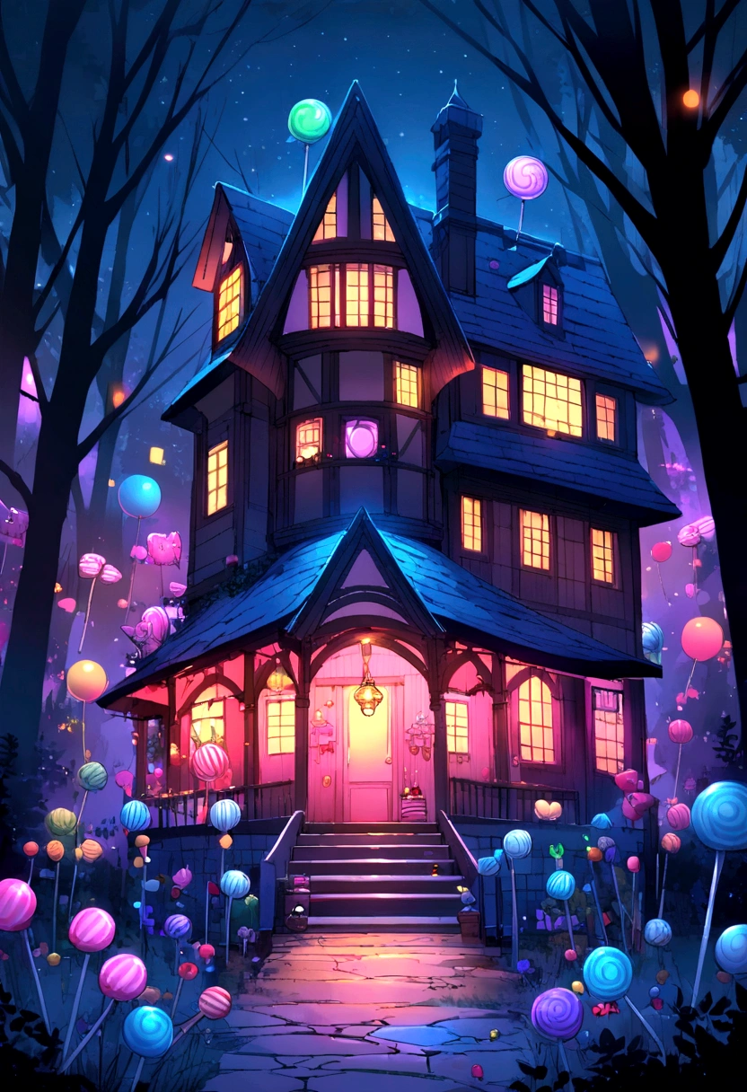 neon, night, nocturnal, house of candy in deep forest, house with walls of candy, candy in flow and all around.