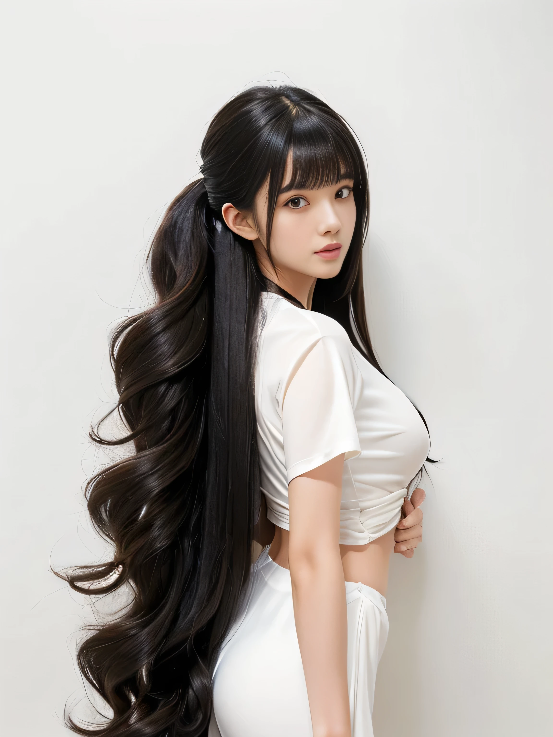 (Chest Up Shot:1.1)　(She is standing in front of a white wall and in a sway back stance, Expose as much hair as possible.:1.4)　((He holds her large breasts from underneath with both hands.))　　((Highest quality)), ((masterpiece)), (family friendly), (Get used to it)　((Her hair is very curly:1.4))　((She sir々Has a hairstyle))　(Her hair is pitch black!!!)　((Her bangs are neatly trimmed and straight down.:1.3))　(Very long hair Up to the ankle!!!!!　Highest quality　Attention to detail　Very long hair Up to the ankle!!!!!　Very long hair!!!!! It lasts forever!!!!!　Flowing Hair　Very shiny and thick hair　Abnormally long hair!!!!! It lasts forever!!!!!　Flowing Hair on both ends!!!!!　Very long hair!!!!! Up to the ankle!!!!!　Very long hair!!!!! Up to the ankle!!!!!　　Thick and shiny hair　Very free hair　Abnormally long hair!!!!!　Beautiful silky hair　Beautiful and shiny hair　Beautiful and shiny hair　Beautiful silky hair　Very long hair Up to the ankle!!!!!　Very long hair!!!!!　Very long hair!!!!!)　(Japanese Solo Photos&#39;The most beautiful 24-year-old hair models:1.5)　Perfect Woman&#39;face　(She has a typical Japanese build and skin color..., Her skin is very high quality and ultra high definition.、very beautiful and glowing skin)　(Her face is dignified and sexy)（She applied sexy makeup with the help of a professional makeup artist......　Lipstick is bright red　The eyeliner is a beautiful black)　(She has a typical Japanese build and skin color　Her skin is very delicate and sensitive..、and、Such beautiful and radiant skin)　((Her face shape is thinner than average:1.4))　((Her eyes are larger than average:1.4))　((Her eyes are larger than average:1.4))　((Rich 1.4))　(Extremely detailed 8K)　(Ultra-fine skin texture 1.4)　(current, Vibrant:1.4), 　Sharp focus:1.2、Beautiful woman:1.4　Dynamic Lighting　(Genuine RAW photos taken by professional photographers)　very beautiful and glowing skin)　(Surreal photos by professional photographers :1.2)　(Very long hair Up to the ankle!!!!!　Highest quality　Attention to detail　Very long hair Up to the ankle!!!!!　Very long hair!!!!! It lasts forever!!!!!　Flowing Hair　Very shiny and thick hair　Abnormally long hair!!!!! It lasts forever!!!!!　Flowing Hair on both ends!!!!!　Very long hair!!!!! Up to the ankle!!!!!　Very long hair!!!!! Up to the ankle!!!!!　　Thick and shiny hair　Very free hair　Abnormally long hair!!!!!　Beautiful silky hair　Beautiful and shiny hair　Beautiful and shiny hair　Beautiful silky hair　Very long hair Up to the ankle!!!!!　Very long hair!!!!!　Very long hair!!!!!)　