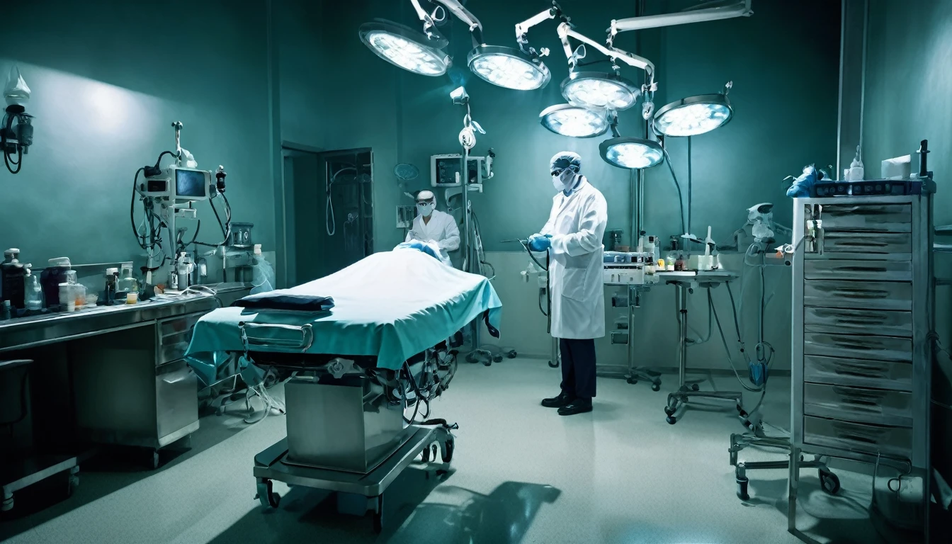 macabre doctor, with his back to the camera, operating room, sinister, macabre environment