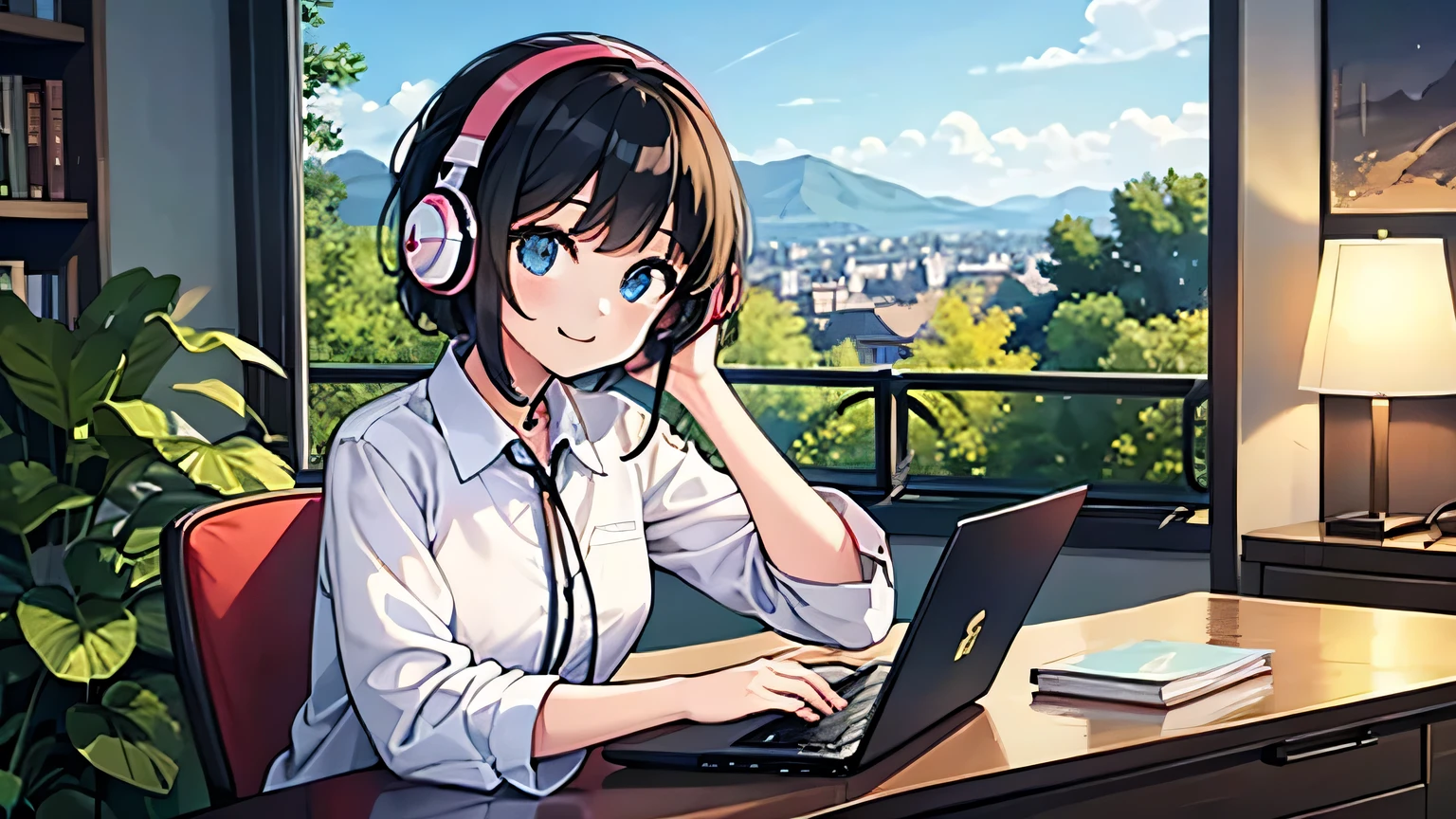 1girl, solo, blue eyes, (detailed eyes), flat chest, short hair, black hair, upper body, gentle smile on her face, wearing a white shirt, sitting up straight((masterpiece, illustration, best quality)) in early morning a girl studying while listening to music with headphones outside of the balcony .the view is very beautiful . there are plants in the background, he is typing her laptop with a beautiful morning view with books and plants in the background with a cup of cocoa inside on the desk