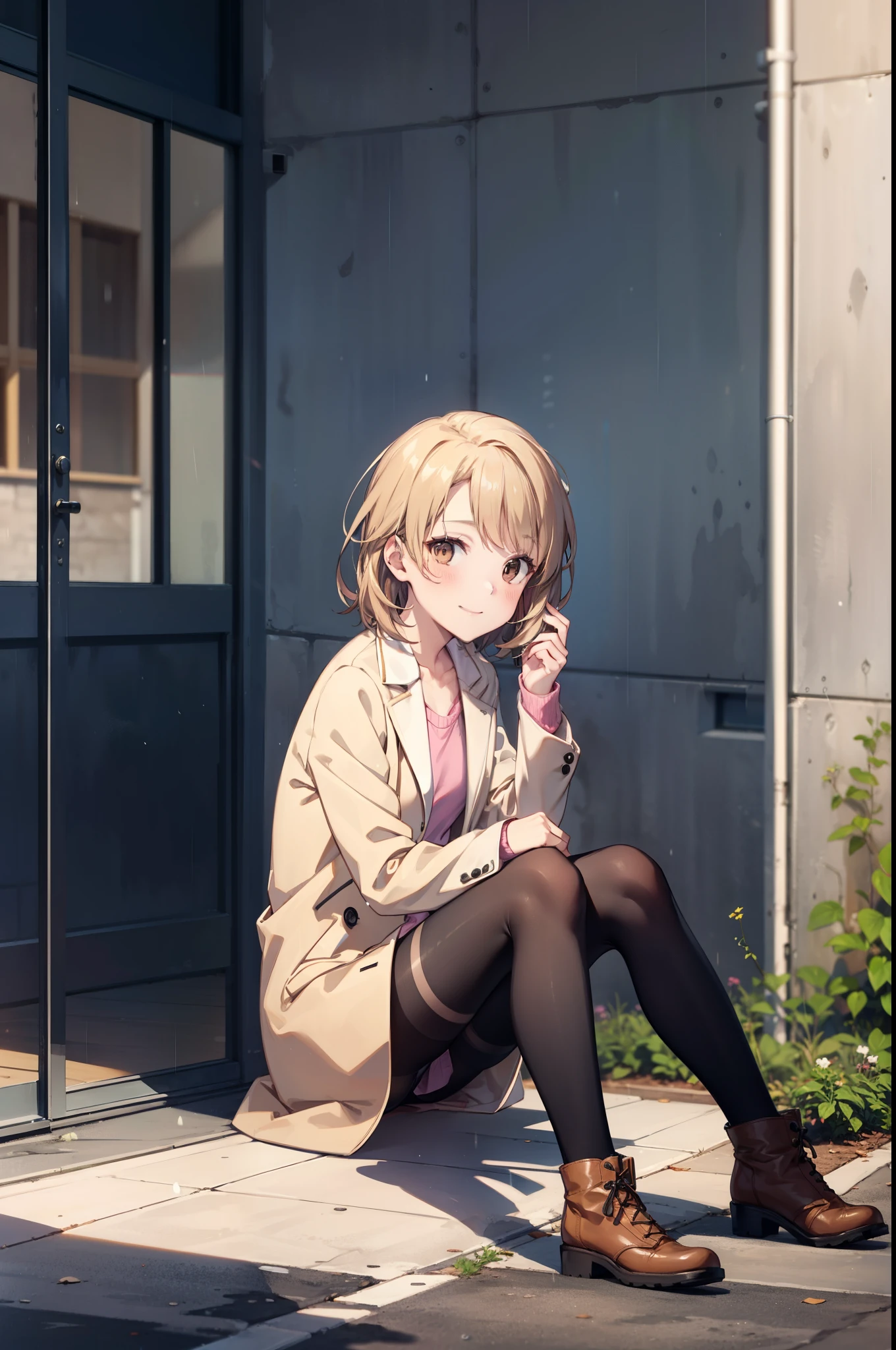 Irohaisshiki, isshiki iroha, short hair, Brown Hair, (Brown eyes:1.5), happy smile, smile, Close your mouth,blush,rain,Pink oversized coat,V-neck shirt,mini skirt,Black pantyhose,short boots,Sitting leaning against the wall,Hiding in a roofed building,whole bodyがイラストに入るように,
break outdoors, Building district,
break looking at viewer,whole body,
break (masterpiece:1.2), Highest quality, High resolution, unity 8k wallpaper, (figure:0.8), (Beautiful attention to detail:1.6), Highly detailed face, Perfect lighting, Highly detailed CG, (Perfect hands, Perfect Anatomy),