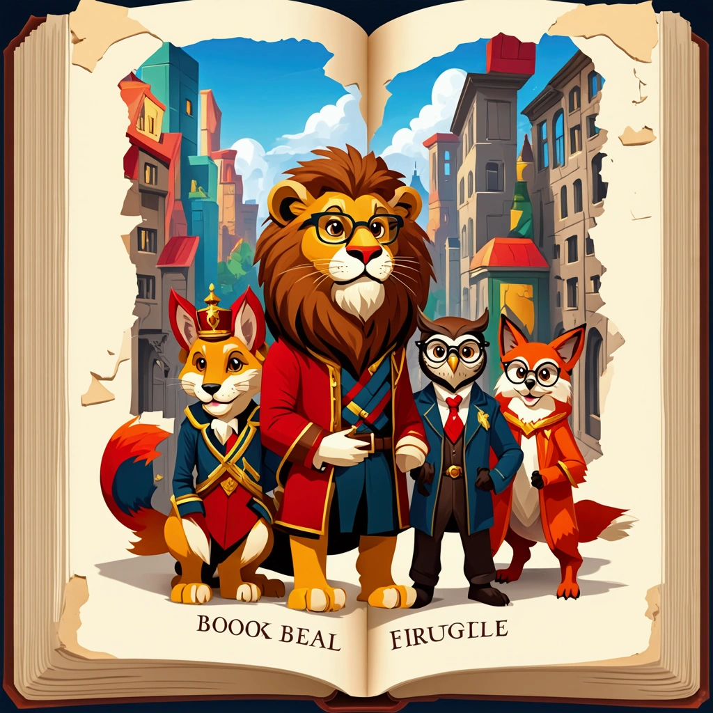 anthropomorphic characters, regal lion, royal attire, cunning fox, trench coat, wise owl, glasses, vibrant cityscape, modern and medieval architecture, book cover, ornate lettering, adventure, intrigue, worn edges, well-loved book