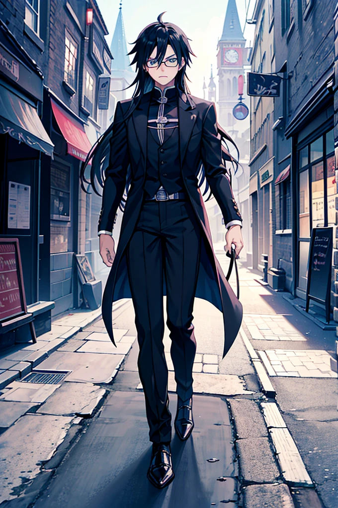 young man, magician, long black hair, blue eyes, wears glasses, wears black magician clothes, hair like Sasuke Uchiha's, cold personality. Manly, medieval city background, adventurous magician.