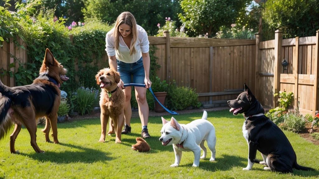 3dogs and 7cats playing in he garden 