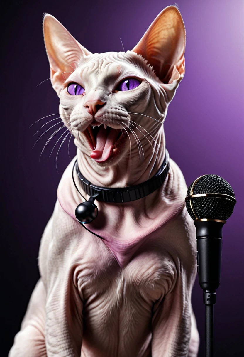 masterpiece, best quality, 4k, UHD, mishoujo, high resolution, Singing cat with microphone, realistic cat, happy and fun cat, closed eyes with pleasure of singing, black background, white sphynx cat, cat, cat sings song with closed eyes. Violet background