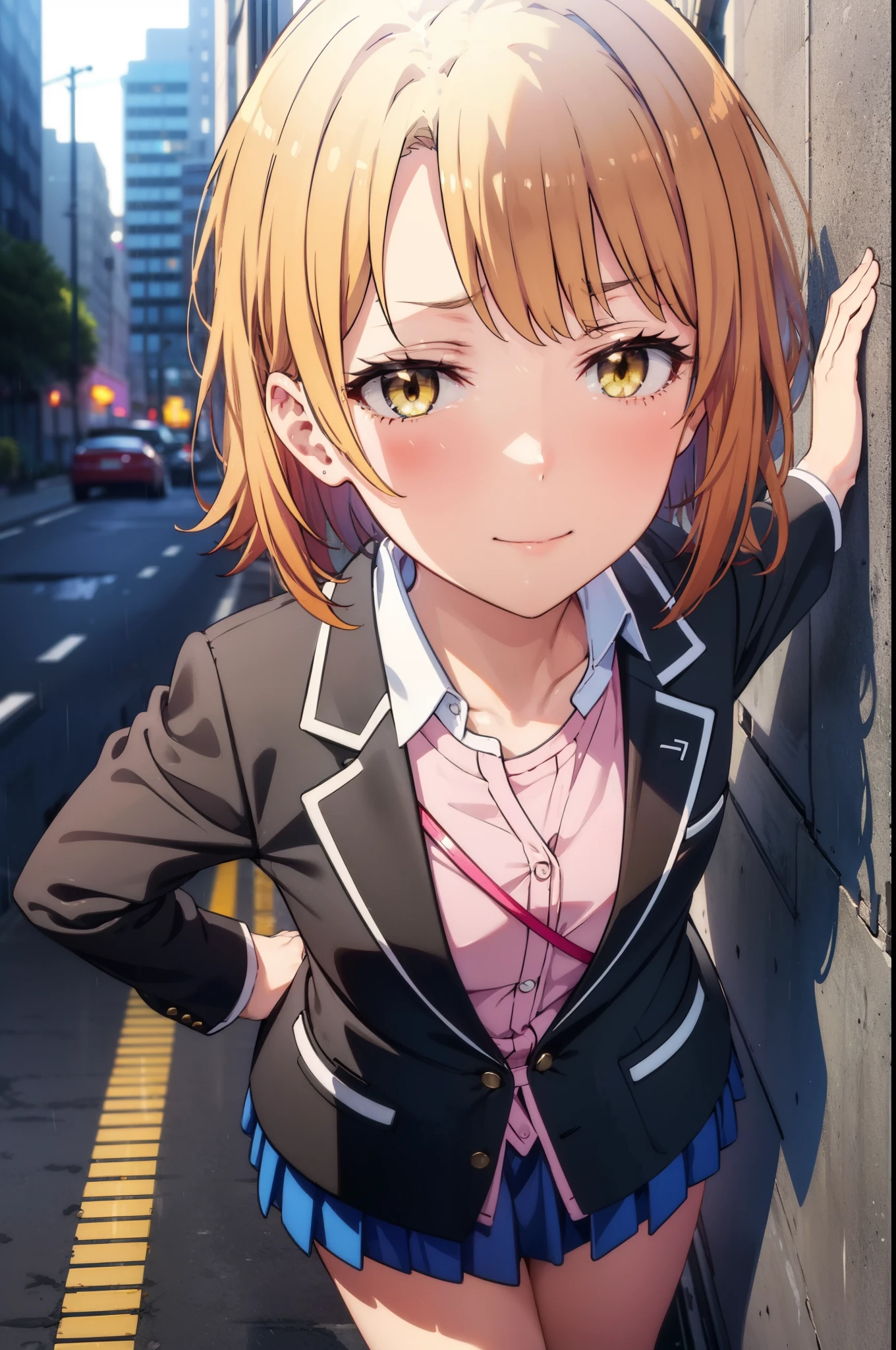 Irohaisshiki, isshiki iroha, short hair, Brown Hair, (Brown eyes:1.5), happy smile, smile, Close your mouth,blush,rain,Pink oversized coat,V-neck shirt,mini skirt,Black pantyhose,short boots,Leaning against the wall,Hiding in a roofed building,whole bodyがイラストに入るように,
break outdoors, Building district,
break looking at viewer,whole body,
break (masterpiece:1.2), Highest quality, High resolution, unity 8k wallpaper, (figure:0.8), (Beautiful attention to detail:1.6), Highly detailed face, Perfect lighting, Highly detailed CG, (Perfect hands, Perfect Anatomy),
