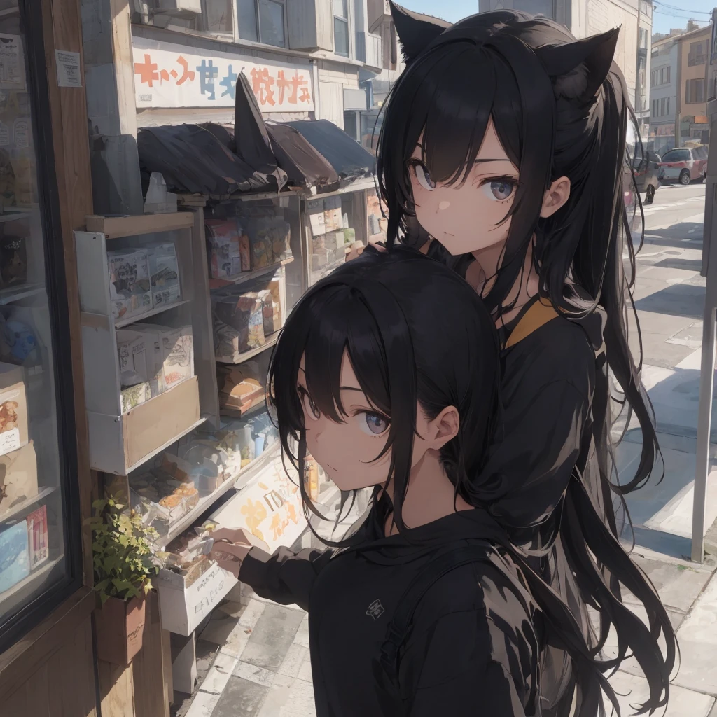 1 girl, black hoodie, long hair, beautiful face, cool, intimidation, black hair, drinking coffee, window, cat ears, anime, heroine, evil