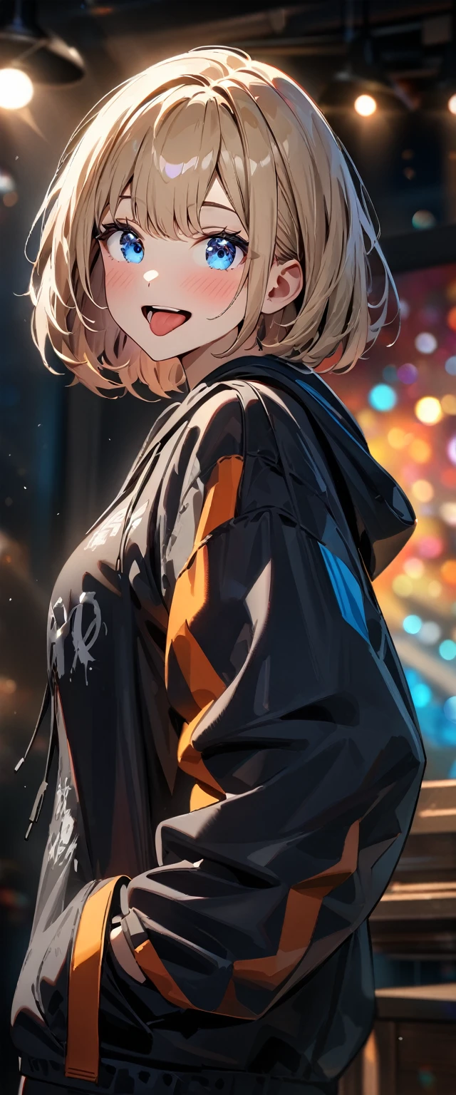 (((One girl))), blond hair, bob cut, (upper body), (looking at viewer), breasts, ager, head tilt:1.3, (((blue eye))), (from side), hand in pocket, ((happy smile)), ((full face blush)), tongue out, open mouth, black hoodie, black shorts, anime style, (best quality, 4k, 8k, highres, masterpiece:1.2, ultra-detailed, ultra-detailed eyes, HDR, UHD, studio lighting, ultra-fine painting, sharp focus, physically-based rendering, extreme detail description, professional, vivid colors, bokeh)