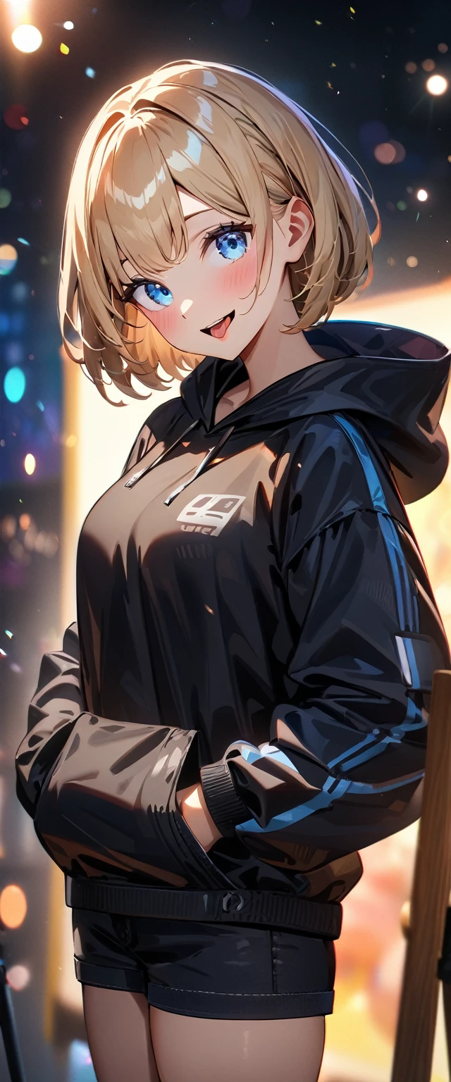 (((One girl))), blond hair, bob cut, (upper body), (looking at viewer), breasts, teenager, head tilt:1.3, (((blue eye))), (from side), hand in pocket, ((happy smile)), ((full face blush)), tongue out, open mouth, black hoodie, black shorts, anime style, (best quality, 4k, 8k, highres, masterpiece:1.2, ultra-detailed, ultra-detailed eyes, HDR, UHD, studio lighting, ultra-fine painting, sharp focus, physically-based rendering, extreme detail description, professional, vivid colors, bokeh)