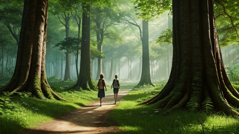 An ultra matte carved painting of a lush forest covered in beautiful spring vegetation .two female explorers walking along a path full of beautiful vegetation and flowers, roots in the ground, ivies, huge trees, imposing composition, digital art , tendencia Art station. Cyber Realistic