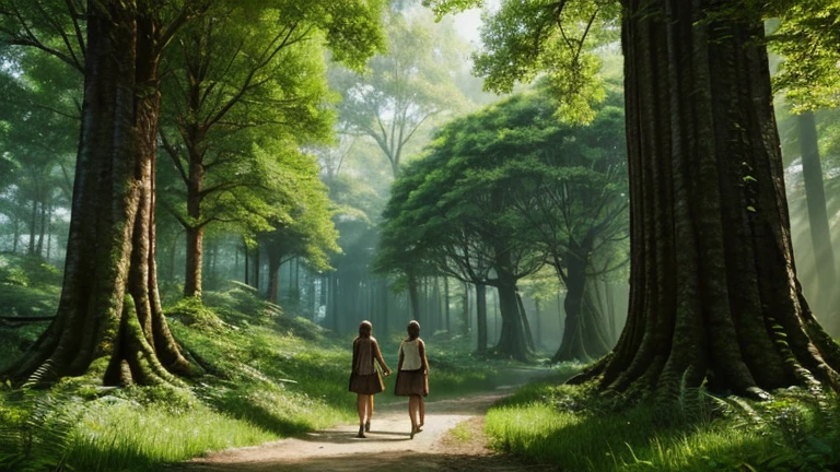 An ultra matte carved painting of a lush forest covered in beautiful spring vegetation .two female explorers walking along a path full of beautiful vegetation and flowers, roots in the ground, ivies, huge trees, imposing composition, digital art , tendencia Art station. Cyber Realistic
