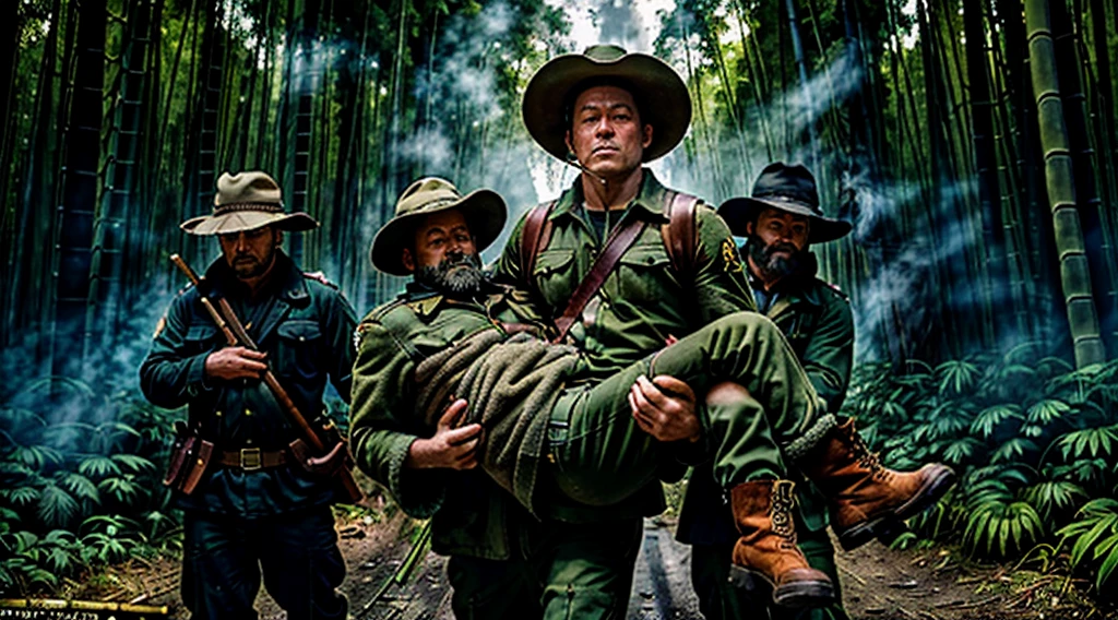 The Captain of the Forest -- closed hunter's jacket, long pants and hunter's boots, with a straw hat, he is wounded and is carried by the men who are his henchmen = one on the left side, the other on the right side - - a lot of smoke - he is carried by two henchmen - a lot of smoke - the captain of the forest carried by henchmen gets up from the ground - leaving the forest in the background a bamboo grove