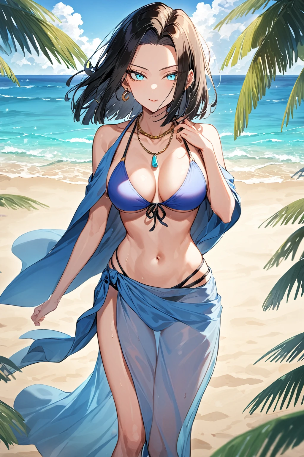 Android 17, e Cup sized breasts, bikini, at the beach, Cover Up sarong, earrings, necklace