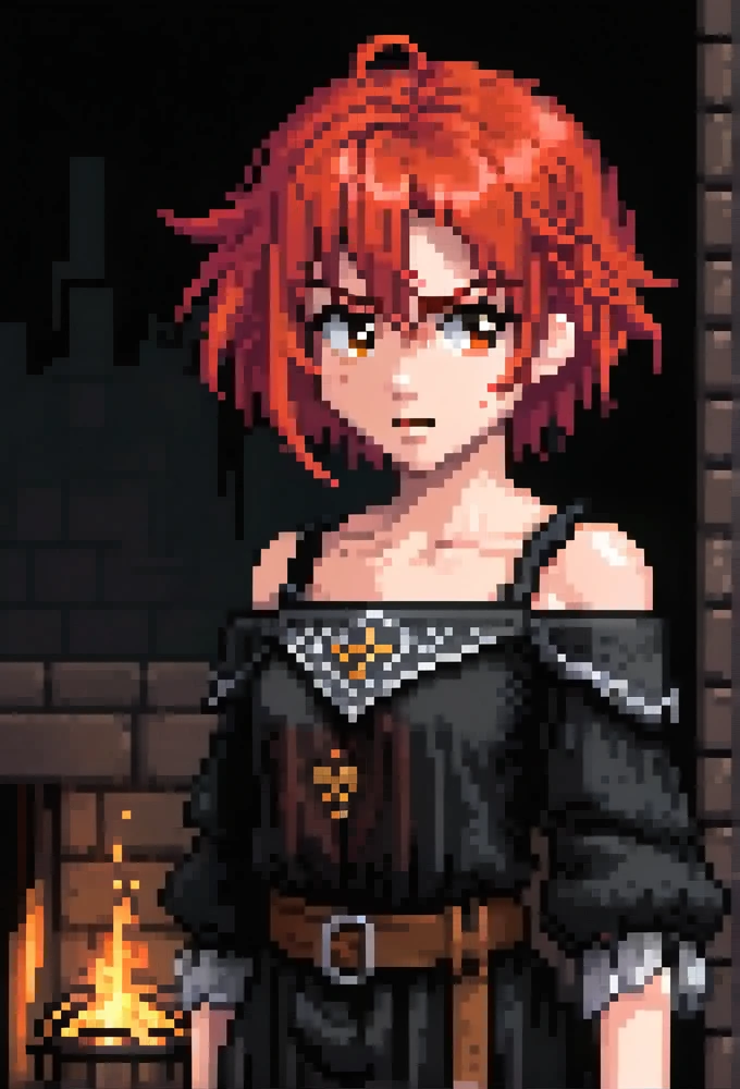 (Pixel art: 1.2), 1 girl, ragged and dirty black medieval peasant clothes, off-shoulder and shoulder-less design, no acessories, brown eyes, side view, covered nipples, visible lips and nose, redhead with short hair, black background, angry and determined expression.