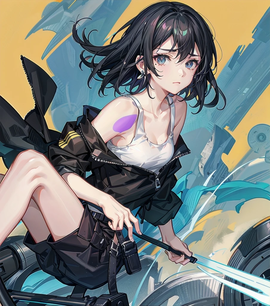 whole body, solo, alone, delicate facial features, medium tits, medium hair, black hair, tearful mole, earring, tank top shirt, cargo pants, shorts, street,