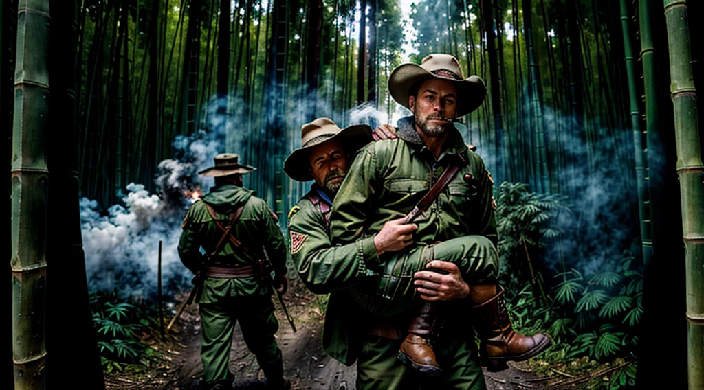 The Captain of the Forest -- closed hunter's jacket, long pants and hunter's boots, with a straw hat, he is wounded and is carried by the men who are his henchmen = one on the left side, the other on the right side - - a lot of smoke - he is carried by two henchmen - a lot of smoke - the captain of the forest carried by henchmen gets up from the ground - leaving the forest in the background a bamboo grove