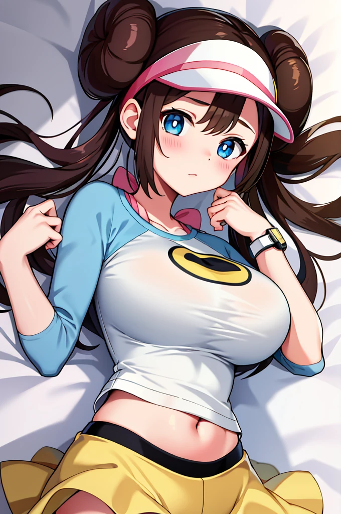 masterpiece, top-quality, hight resolution, RO1, Hair buns, blue eyess, Twin-tailed, Visor Cap, raglan sleeves, Yellow shorts, The shirt, Pink ribbon, Watches,large full breasts、、appealing breast、breastso、sexy tummy, tetas grandes, solo, 1girl, BEDROOM background, hands on chest, embarrased, blush, embarrased, lying on bed,