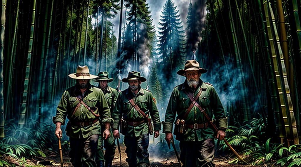 The Captain of the Forest -- closed hunter's jacket, long pants and hunter's boots, with a straw hat, he is wounded and is carried by the men who are his henchmen = one on the left side, the other on the right side - - a lot of smoke - he is carried by two henchmen - a lot of smoke - the captain of the forest carried by henchmen gets up from the ground - leaving the forest in the background a bamboo grove