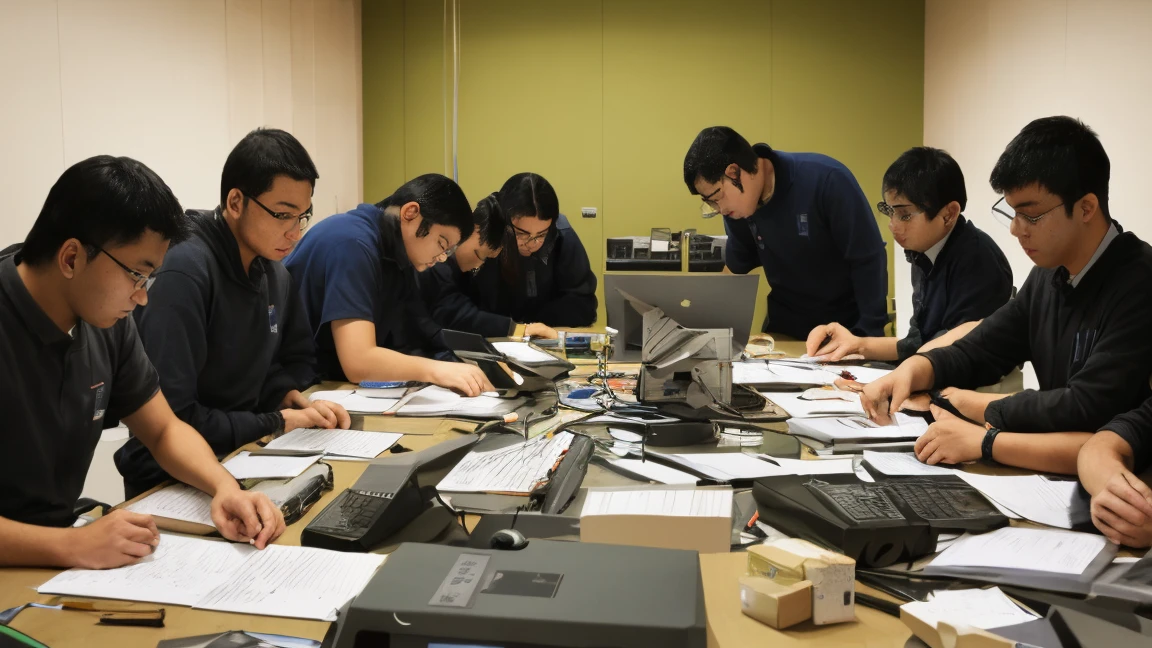 group of amateur researchers in a dark room