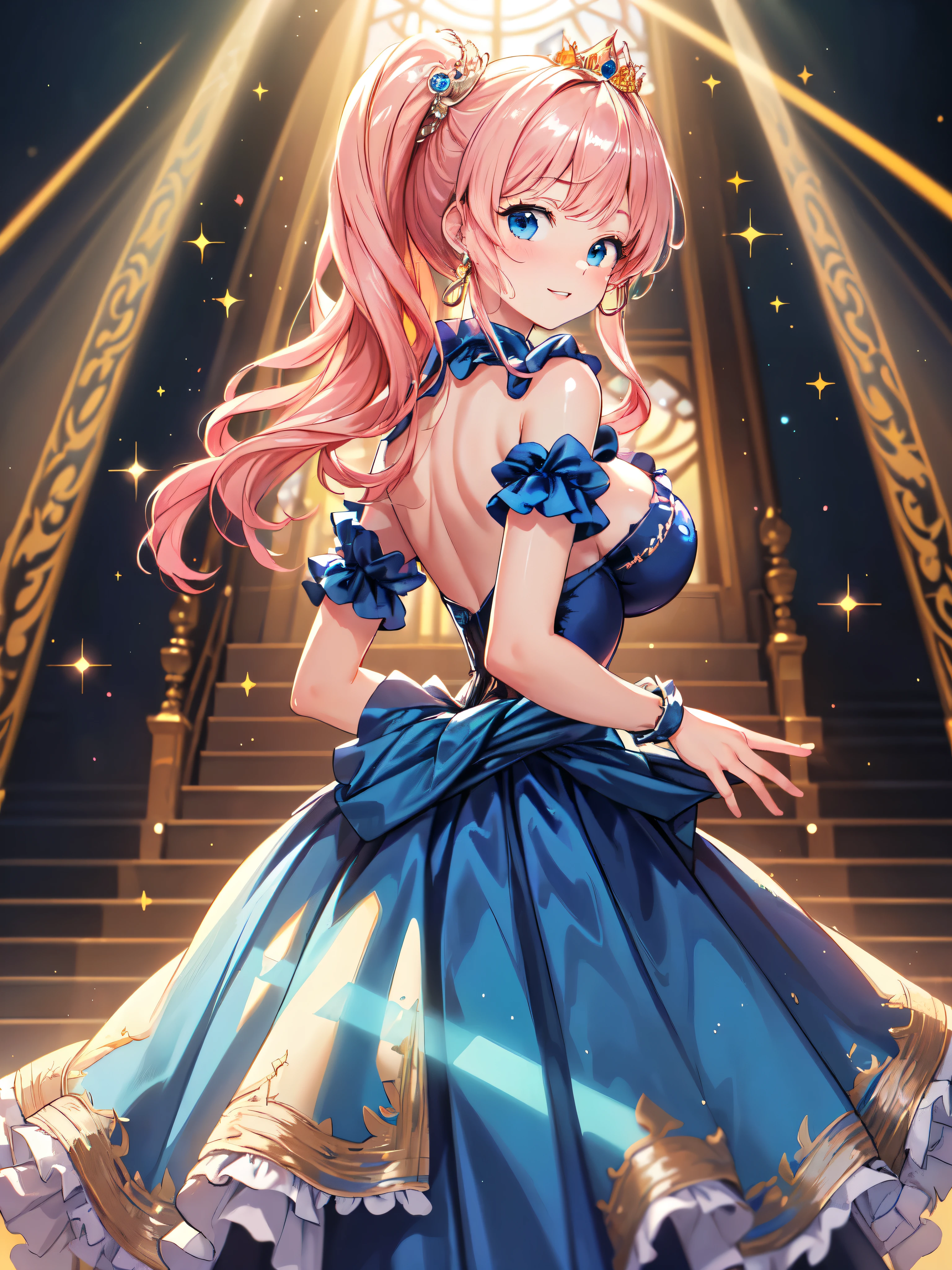 (Moe anime art style:1.3), (masterpiece), ((Highest quality)), ((High resolution)), (unity 16k wallpaper), (((ultra detailed))),
BREAK
(((A young-looking princess))), (18 years old), ((cowboy shot)), (huge breasts), breast focus, cleavage cutout, Sweat on the chest,
BREAK
((Shiny dark blue taffeta:1.5), (gorgeous princess rococo ballgown dress with voluminous full length hoop skirt and long hem:1.5), (over skirt with plenty of frills and luxurious embroidery:1.5), (rococo ballgown dress with plenty of frills and luxurious embroidery), (crinoline dress), Precision Racing),
BREAK
(((super delicate and beautiful face))), ((Delicate beautiful eyes)), hyper detail eyes, ((Beautiful Lips)), beautiful blue eyes, (face focus), Beautiful smile,
BREAK
((Pink Hair)), ((Fluffy ponytail)), Curly Hair, (Expressive hair), (very voluminous long hair), Spreading hair, bangs, Beautiful silver and jeweled hair ornaments,
BREAK
(((A princess climbing the grand staircase))), (from behind:1.5), (from below:1.1), looking down, (depth of field:1.9), (backlighting:1.3), (light sparkles:1.5), (Rays of light coming from stained glass), (light rays:1.5),