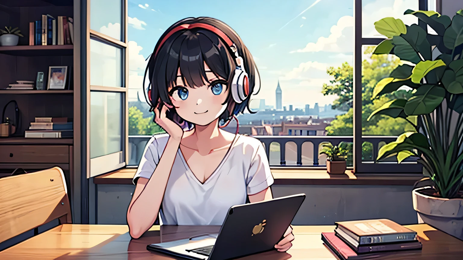 1girl, solo, blue eyes, (detailed eyes), flat chest, short hair, black hair, upper body, gentle smile on her face, wearing a white shirt, sitting up straight((masterpiece, illustration, best quality)) in early morning a girl studying while listening to music with headphones outside of the balcony .the view is very beautiful . there are plants in the background, he is typing her laptop with a beautiful morning view with books and plants in the background with a cup of cocoa inside on the desk