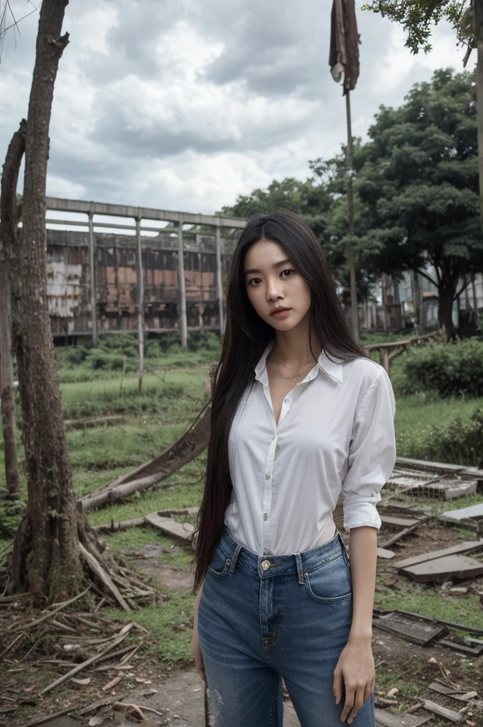 Thai Woman, look at viewer, long hair, shirt, jeans, cloud, day, sky,outdoors, post-apocalypse, ruins, scenery, tree, water,