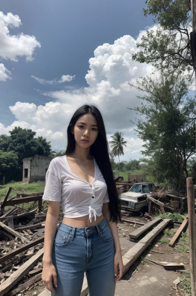 Thai Woman, look at viewer, long hair, shirt, jeans, cloud, day, sky,outdoors, post-apocalypse, ruins, scenery, tree, water,
