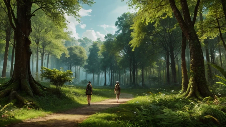 An ultra matte carved painting of a lush forest covered in beautiful spring vegetation .Two women ,one explorer and the other non-explorers walking along a path full of beautiful vegetation and flowers, roots in the ground, ivies, huge trees, imposing composition, digital art , tendencia Art station. Cyber Realistic