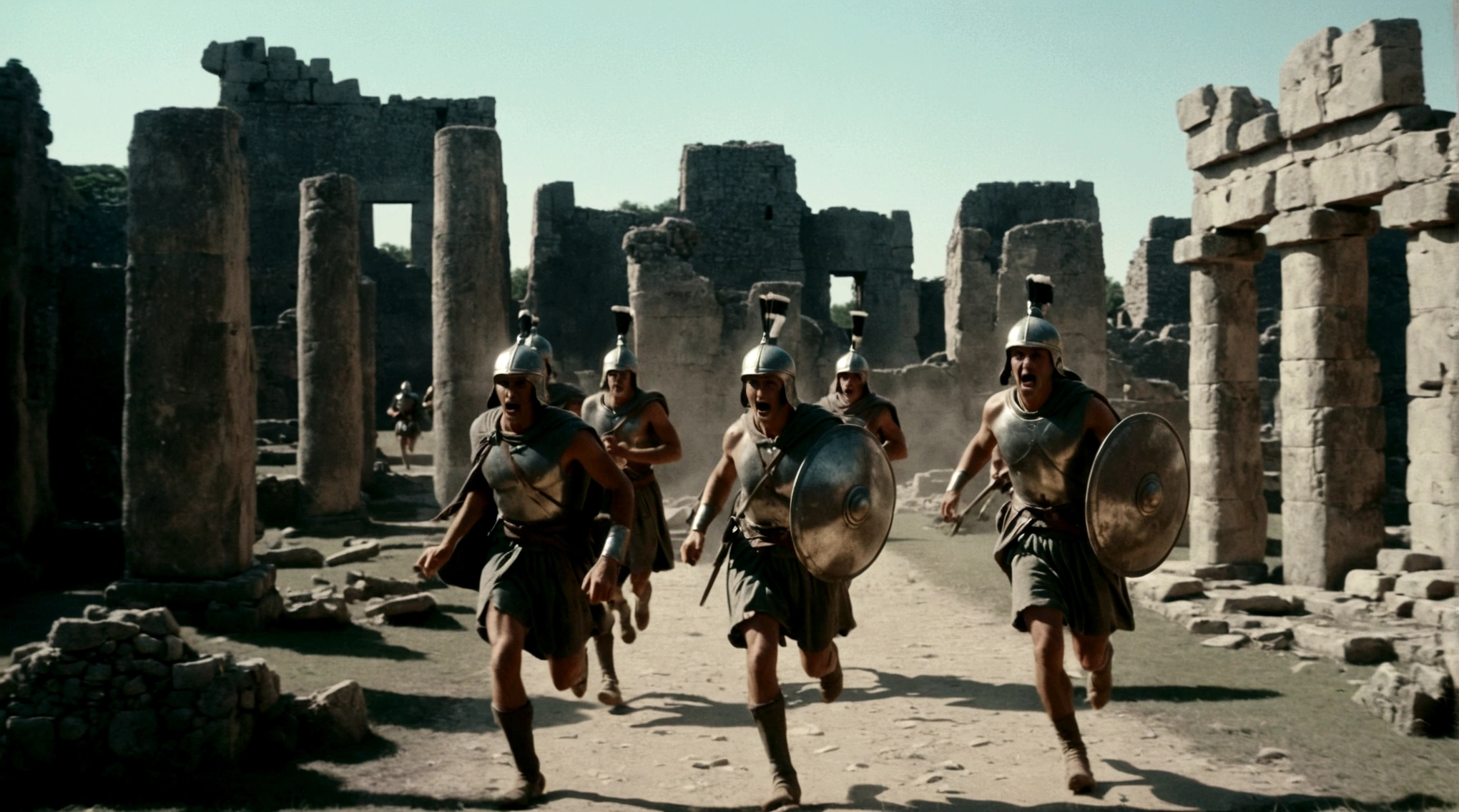 black and white, grainy old footage, 35mm vintage, frightened 18th century explorers running from two giant-spartan soldiers among ancient ruins