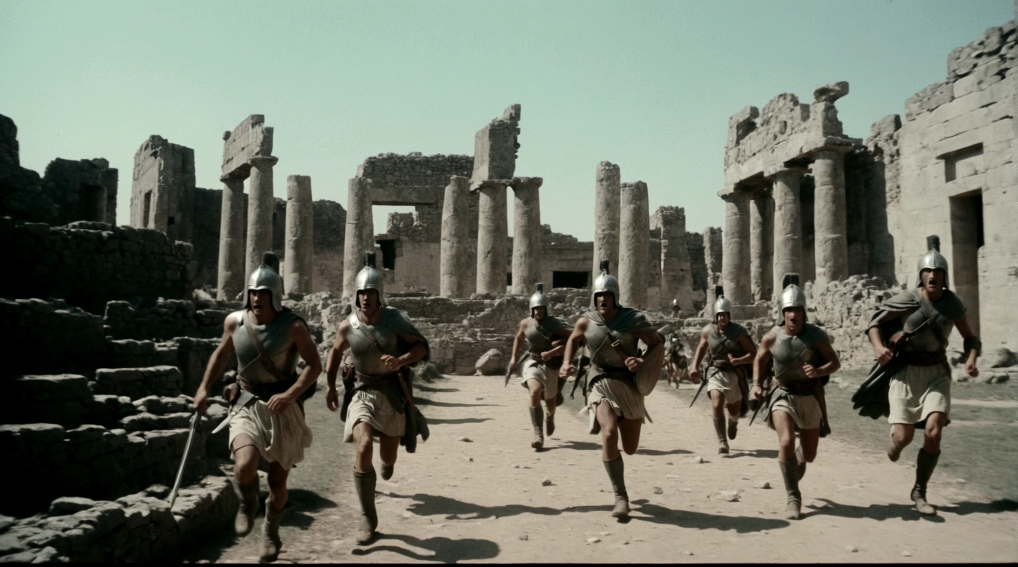 black and white, grainy old footage, 35mm vintage, frightened 18th century explorers running from two giant-spartan soldiers among ancient ruins