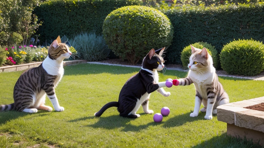 cats with balls playing in he garden