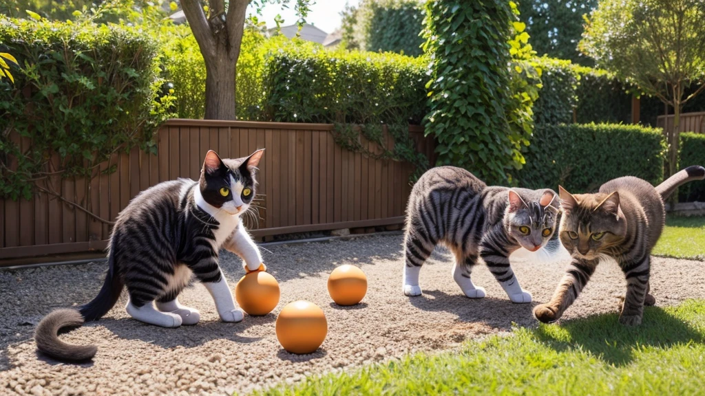cats with balls playing in he garden