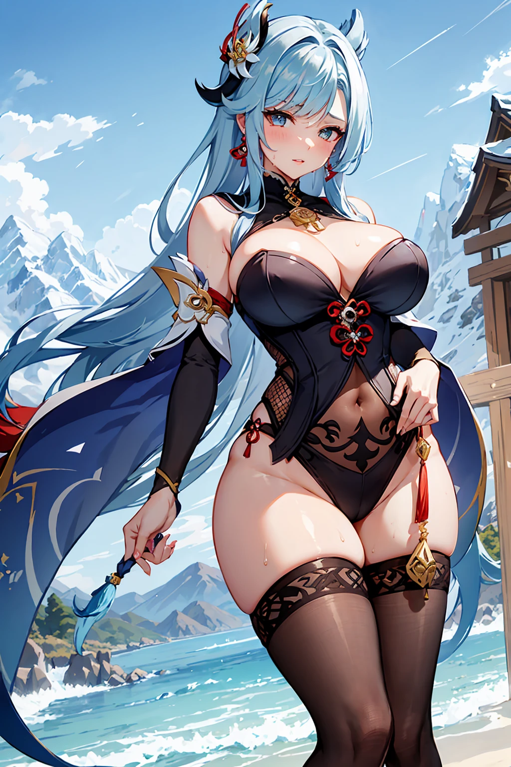 Shenhe \(genshin impact\), genshin impact ,big breasts, sexy, mountains, thick thighs, hot, wide hips, wet, curvy,naughty, horny, body stockings, hip vent,