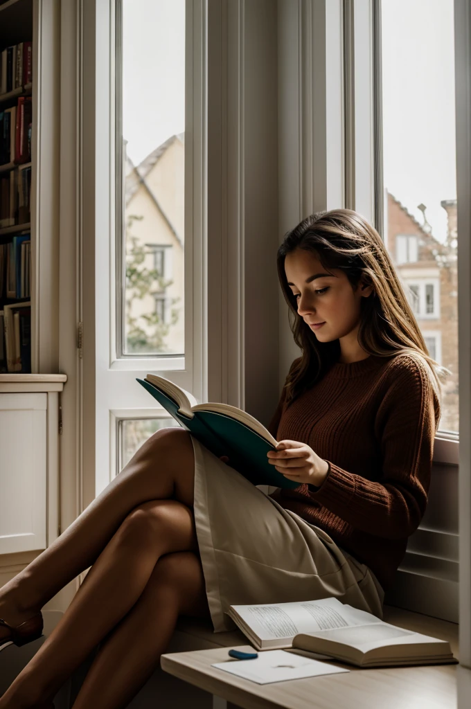 Amalia is sitting by the window, reading a book