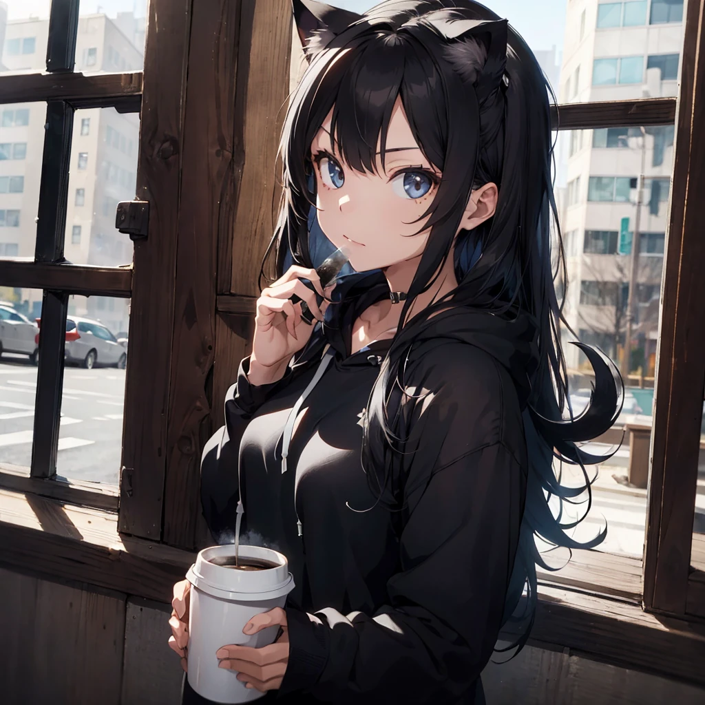 1 girl only, black hoodie, long hair, beautiful face, cool, intimidation, black hair, drinking coffee, window, cat ears, anime, heroine, evil
