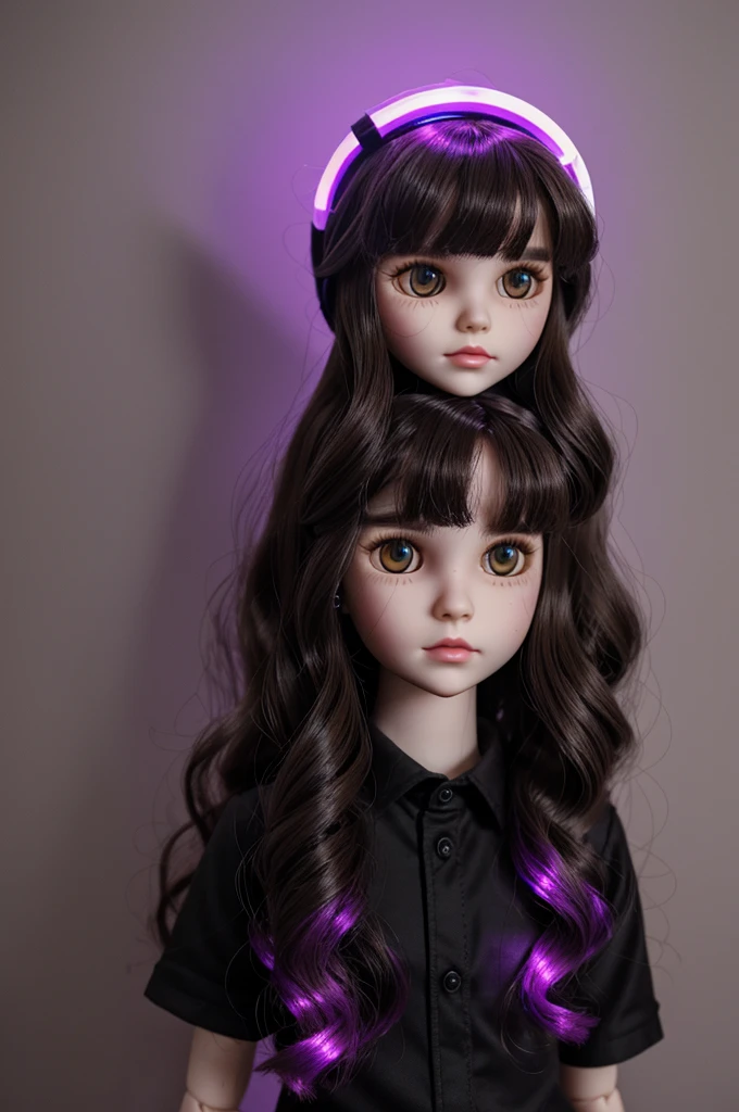 blythe doll dark brown wavy hair pale skin black shirt snapchat dog filter purple led lights