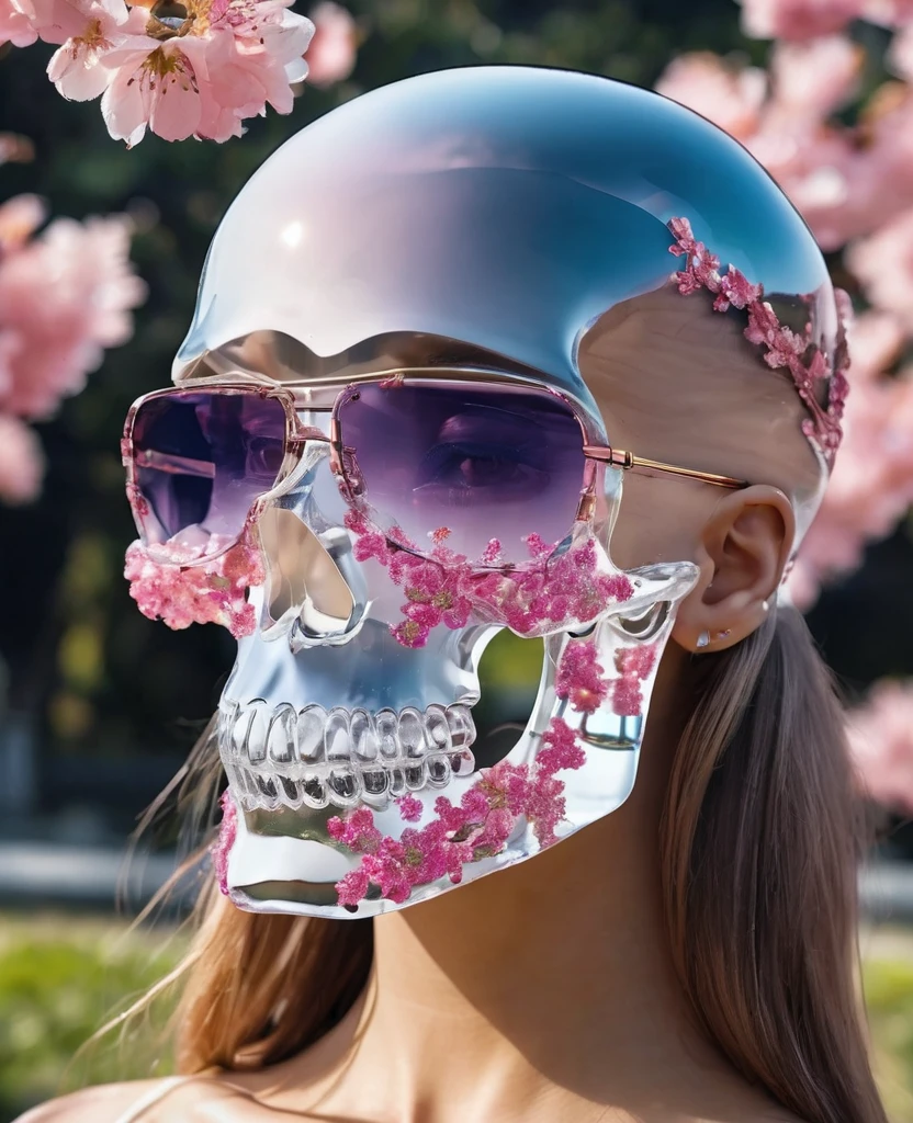 High quality, 8K Ultra HD, The cherry blossom pattern inside the skull is made of transparent glass crystals with geometric surfaces, high detal,ultra-realistic, shimmers with a captivating brilliance，Wearing sunglasses