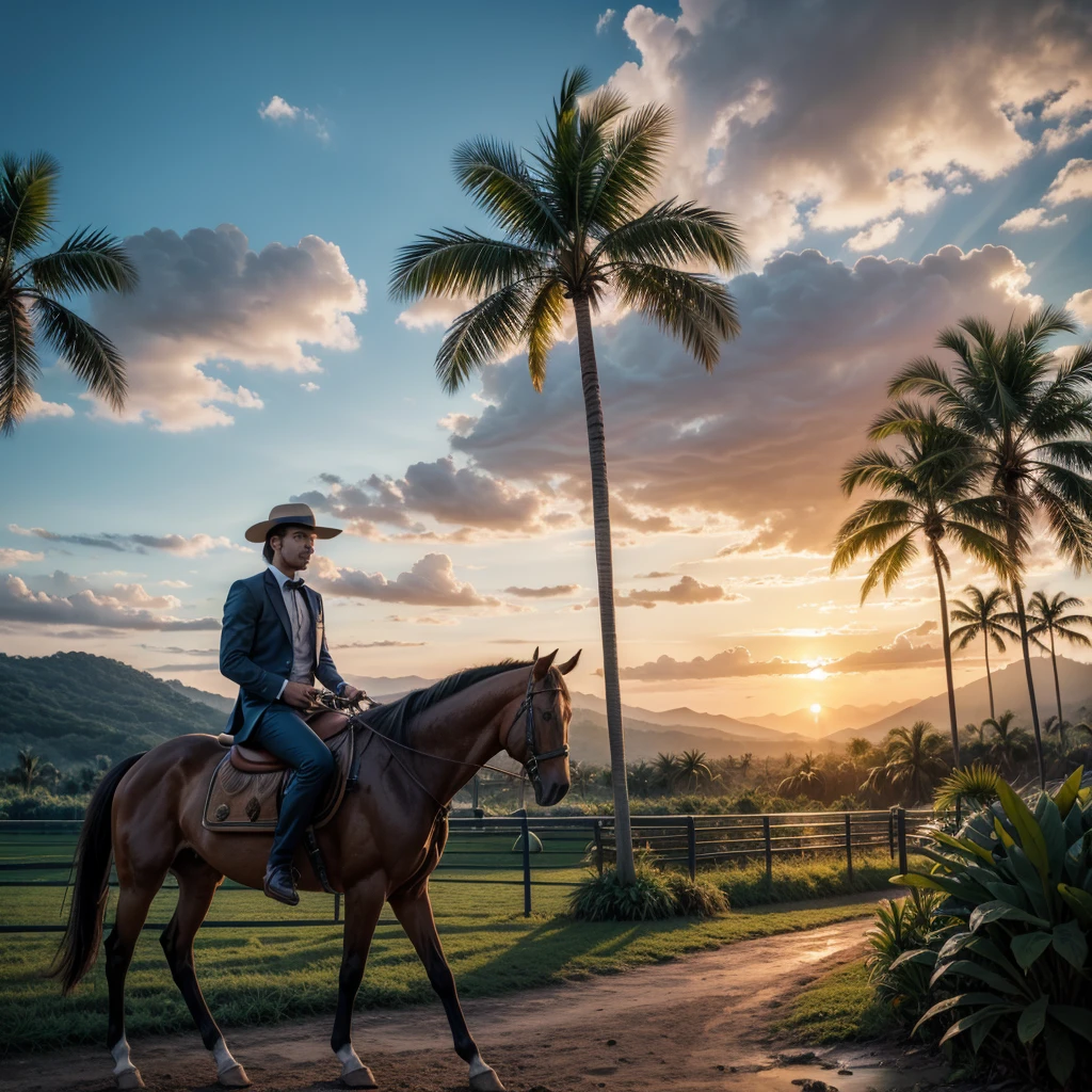 Gentleman traveler with horse in a tropical landscape at sunset