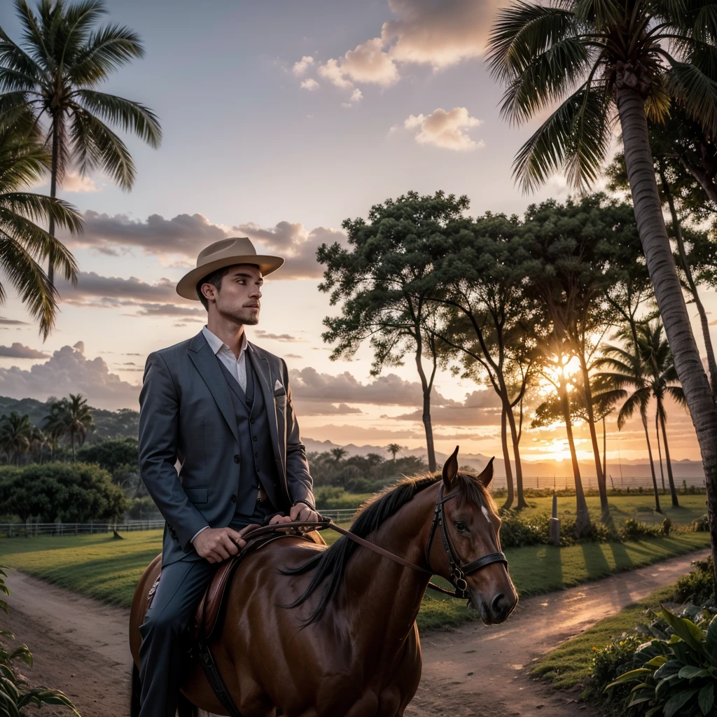 Gentleman traveler with horse in a tropical landscape at sunset 