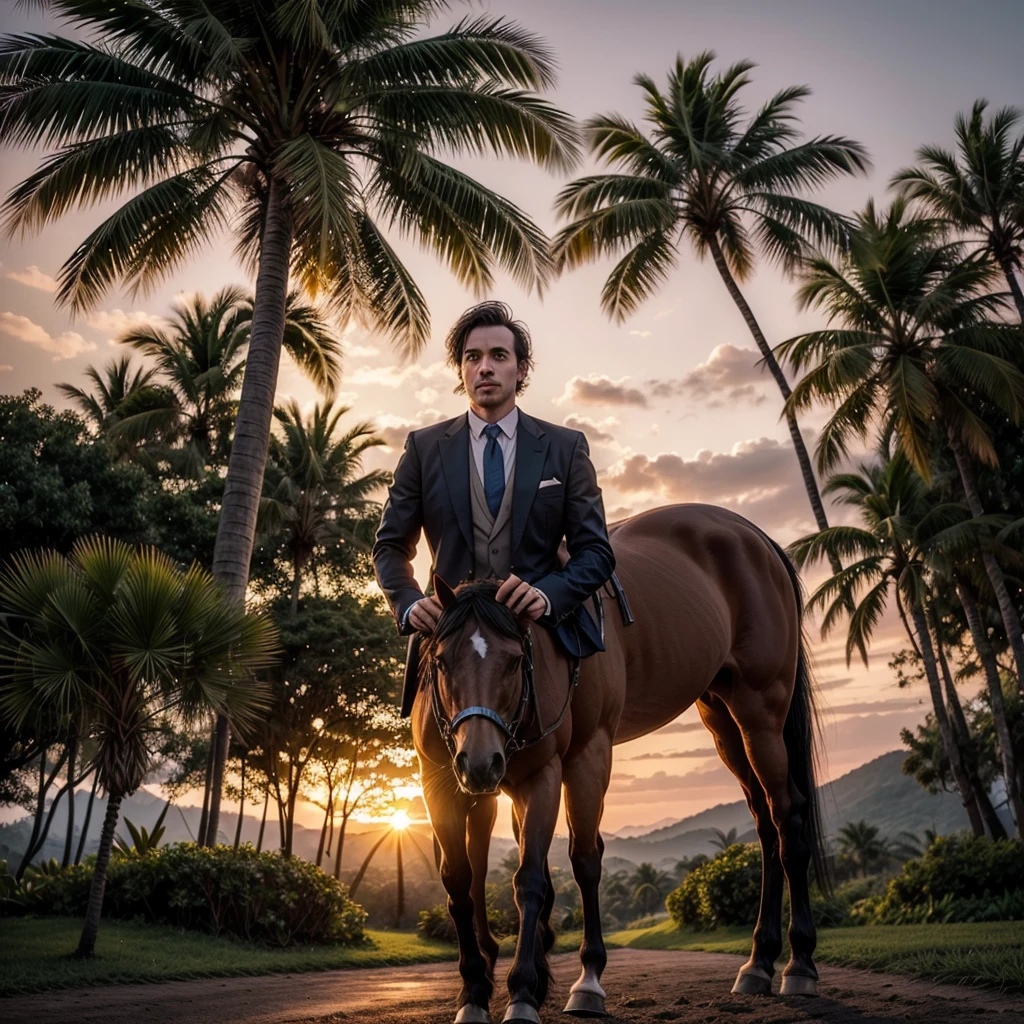Gentleman traveler with horse in a tropical landscape at sunset