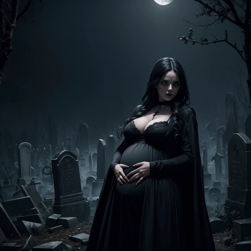 gothic vampire pregnant with baby demons in a cold and dark cemetery with ghosts and figures with a morbid and dark atmosphere