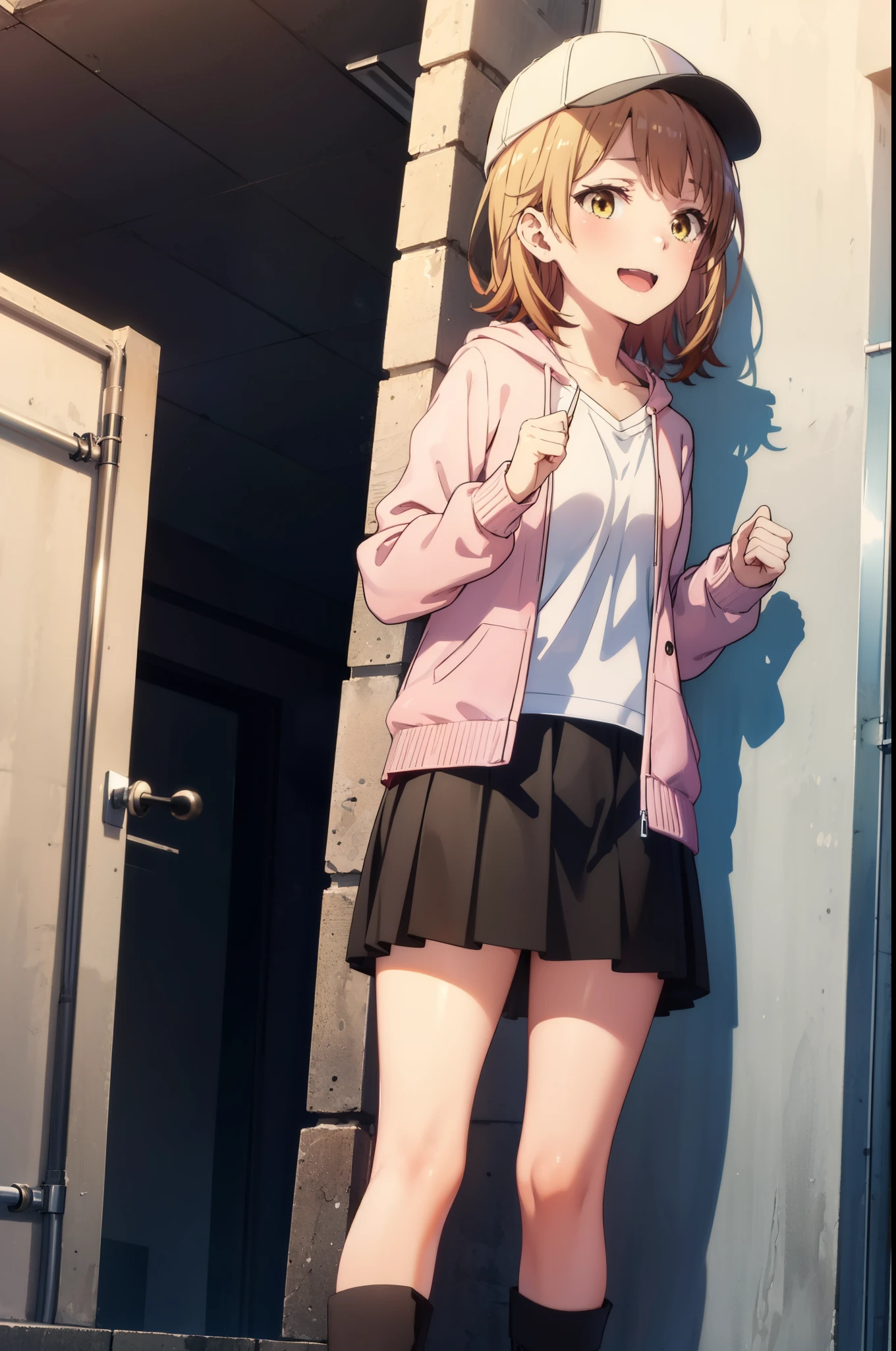 Irohaisshiki, isshiki iroha, short hair, Brown Hair, (Brown eyes:1.5), happy smile, smile, Close your mouth,blush,rain,Baseball hats,Pink oversized hoodie,V-neck shirt,mini skirt,Black pantyhose,short boots,Leaning against the wall,Hiding in a roofed building,whole bodyがイラストに入るように,
break outdoors, Building district,
break looking at viewer,whole body,
break (masterpiece:1.2), Highest quality, High resolution, unity 8k wallpaper, (figure:0.8), (Beautiful attention to detail:1.6), Highly detailed face, Perfect lighting, Highly detailed CG, (Perfect hands, Perfect Anatomy),