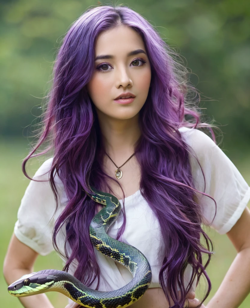 A woman young, with long purple hair, and a snake's body mixed with those of a beautiful and attractive woman, and dark, deep eyes, wearing sexy clothes, its mouth has sharp teeth, breasts big, wide hip, wearing sexy clothes, wearing a ruby crown, with a naughty smile.